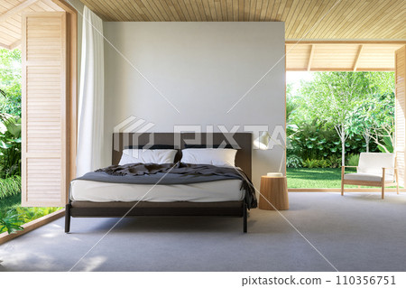 Modern contemporary loft style bedroom with tropical garden view 3d render Modern contemporary loft style bedroom with tropical garden view 3d render 110356751