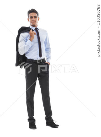Business man, suit blazer and studio portrait for pride, mockup or career as corporate lawyer by white background. Person, attorney or advocate with space, happy or confident in formal fashion at job 110356768