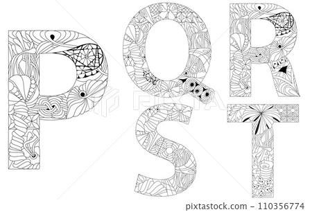 Vector of hand drawn set of Alphabet from P - T in Zentangle style for coloring pages Vector of hand drawn set of Alphabet from P - T in Zentangle style for coloring pages 110356774