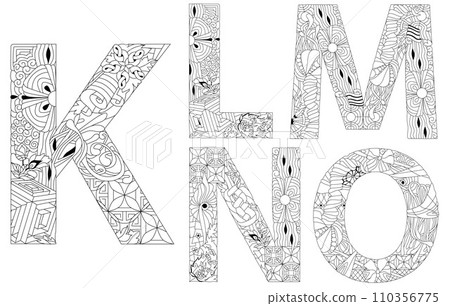 Vector of hand drawn set of Alphabet from K - O in Zentangle style for coloring pages 110356775