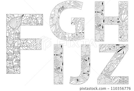 Vector of hand drawn set of Alphabet from F - J in Zentangle style for coloring pages Vector of hand drawn set of Alphabet from F - J in Zentangle style for coloring pages 110356776