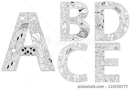 Vector of hand drawn set of Alphabet from A - E in Zentangle style for coloring pages Vector of hand drawn set of Alphabet from A - E in Zentangle style for coloring pages 110356777