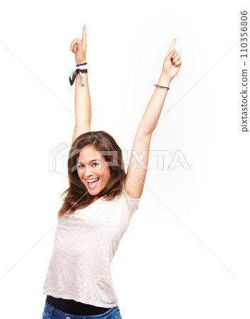 Happiness, portrait and studio woman celebrate victory, competition success or winning contest, giveaway or promotion. Achievement, announcement celebration and winner arms raised on white background Happiness, portrait and studio woman celebrate victory, competition success or winning contest, giveaway or promotion. Achievement, announcement celebration and winner arms raised on white background 110356806