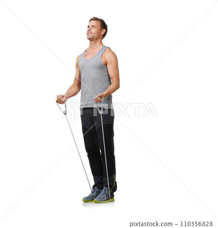 Fitness, man and resistance band to workout in studio, gym and weight training for strong muscles. Sports person, exercise and commitment with stretching in mockup and wellness on white background Fitness, man and resistance band to workout in studio, gym and weight training for strong muscles. Sports person, exercise and commitment with stretching in mockup and wellness on white background 110356828