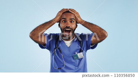 Wow, portrait and man nurse in studio with surprise hospital news, success or solution on blue background. Excited, face and male health expert with mind blown emoji for feedback, results or review Wow, portrait and man nurse in studio with surprise hospital news, success or solution on blue background. Excited, face and male health expert with mind blown emoji for feedback, results or review 110356850