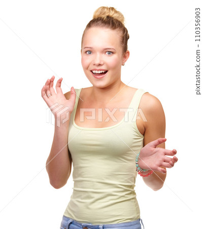 Woman, portrait and surprise hands in studio for excited shock for wow, announcement or information. Female person, model and face for omg good news or emoji expression, white background as mockup 110356903