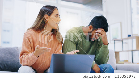 Couple, laptop and stress in home for debt, poor finance savings or budget of mortgage loan, taxes or rent. Frustrated man, angry woman or anxiety of bankruptcy, financial mistake or inflation crisis 110356975