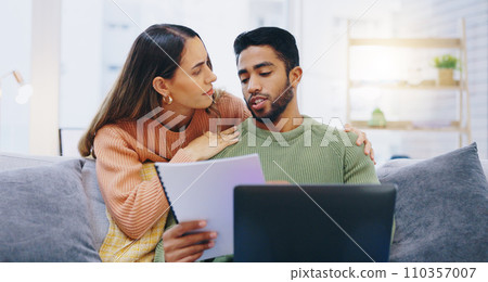 Laptop, documents and couple on sofa for finance planning, online banking and budget payment. Living room, home and man and woman with paperwork, report and computer for insurance, savings and taxes Laptop, documents and couple on sofa for finance planning, online banking and budget payment. Living room, home and man and woman with paperwork, report and computer for insurance, savings and taxes 110357007