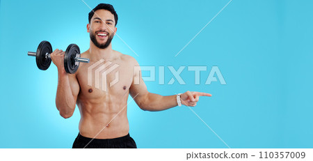 Gym, portrait and happy man with dumbbell or hand pointing to studio for fitness, promo or info on blue background. Face, smile and male bodybuilder show sign up, presentation or membership offer Gym, portrait and happy man with dumbbell or hand pointing to studio for fitness, promo or info on blue background. Face, smile and male bodybuilder show sign up, presentation or membership offer 110357009