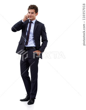 Phone call, employee and man with business, conversation and agent isolated on a white studio background. Person, model or consultant with a smartphone, connection and communication with mockup space Phone call, employee and man with business, conversation and agent isolated on a white studio background. Person, model or consultant with a smartphone, connection and communication with mockup space 110357018