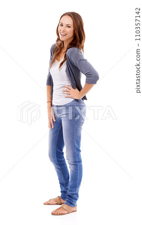 Portrait, woman and smile in studio for fashion, confidence and good mood isolated on white background. Happy young model from New Zealand with cheerful personality, pride and casual style in jeans Portrait, woman and smile in studio for fashion, confidence and good mood isolated on white background. Happy young model from New Zealand with cheerful personality, pride and casual style in jeans 110357142