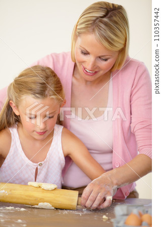 Dough, rolling pin or baking family, child and mom teaching youth, daughter or girl to prepare dessert, food or recipe. Kitchen, support or young kid learning home cooking together with mother Dough, rolling pin or baking family, child and mom teaching youth, daughter or girl to prepare dessert, food or recipe. Kitchen, support or young kid learning home cooking together with mother 110357442