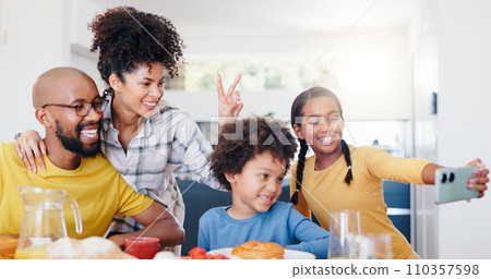 Selfie, peace sign and a black family eating breakfast in their home kitchen together for health, diet or nutrition. Food, photo or memory with a mother, father and children together in an apartment 110357598