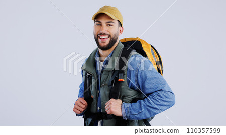 Happy man, portrait and backpack on mockup for hiking, adventure or travel against a studio background. Male person, model or hiker smile with bag for trekking journey, exercise or outdoor fitness 110357599