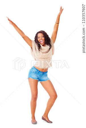 Woman, portrait and smile celebrate in studio for good news positivity, joy or excitement. Black person, model and white background mockup space as hand gesture for wow announcement, surprise or pose Woman, portrait and smile celebrate in studio for good news positivity, joy or excitement. Black person, model and white background mockup space as hand gesture for wow announcement, surprise or pose 110357607
