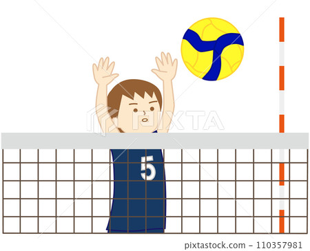 一個女孩在排球比賽中獨自攔網 110357981