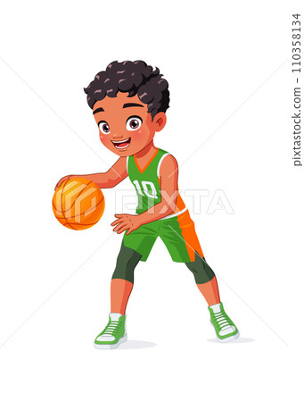 Cute little Indian boy playing basketball. Cartoon vector illustration. Cute little Indian boy playing basketball. Cartoon vector illustration. 110358134