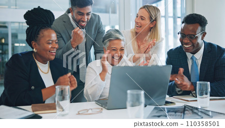 Laptop, business people and group celebrate, applause and cheers for project, revenue or achievement. Online statistics, data analytics and team clapping for success results, feedback report or news Laptop, business people and group celebrate, applause and cheers for project, revenue or achievement. Online statistics, data analytics and team clapping for success results, feedback report or news 110358501