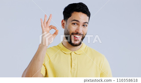 Ok, sign and portrait of man in studio for vote, certified news and feedback on white background. Happy indian model with hand emoji for success, agreement and icon of support, review and excellence 110358618
