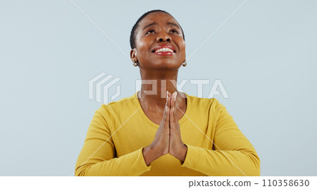 Woman, praying hands and religion for hope, faith and asking god for help with spiritual support or opportunity in studio. Christian, African person and prayer emoji for forgive on a white background Woman, praying hands and religion for hope, faith and asking god for help with spiritual support or opportunity in studio. Christian, African person and prayer emoji for forgive on a white background 110358630