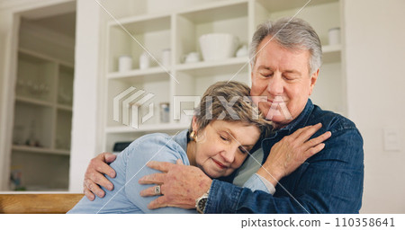 Love, bond and mature couple hug, affection or cuddle together for romance, relax retirement or home break. Soulmate, eyes closed and elderly old man, senior woman or marriage people rest in Portugal 110358641