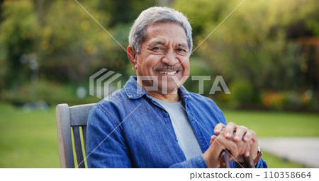Senior man, portrait or smile by walking stick in nature or sunshine wellness on retirement. Face, happy or elderly pensioner person with a disability in garden, relax or cane for arthritis with gout Senior man, portrait or smile by walking stick in nature or sunshine wellness on retirement. Face, happy or elderly pensioner person with a disability in garden, relax or cane for arthritis with gout 110358664
