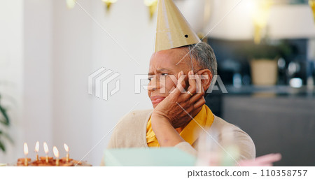Thinking, birthday and sad senior woman with depression, grief and lonely in her home. Cake, face and elderly African person alone at a party with disappointment, frustrated or annoyed in a house Thinking, birthday and sad senior woman with depression, grief and lonely in her home. Cake, face and elderly African person alone at a party with disappointment, frustrated or annoyed in a house 110358757