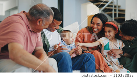 Love, smile and happy big family on sofa in the living room at modern home together. Bonding, care and young kids relaxing with parents and grandparents for generations in the lounge at house. 110358852