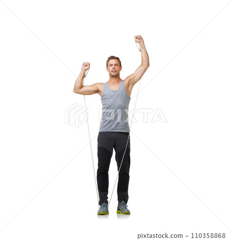 Exercise, strong and man by resistance band in studio, gym and bicep arm training for workout. Person, fitness and muscle growth with equipment in mockup, health and athlete on white background Exercise, strong and man by resistance band in studio, gym and bicep arm training for workout. Person, fitness and muscle growth with equipment in mockup, health and athlete on white background 110358868