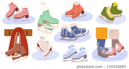 Ice Skates Cartoon Vector Collection. Footwear With Sharp Blades, Designed For Gliding On Ice Surfaces And Speed Skating 110358885