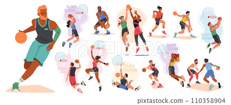 Vector Set Of Athletes Dribble And Shoot On Court, Their Sneakers Squeaking. Sweat-soaked Jerseys Cling 110358904