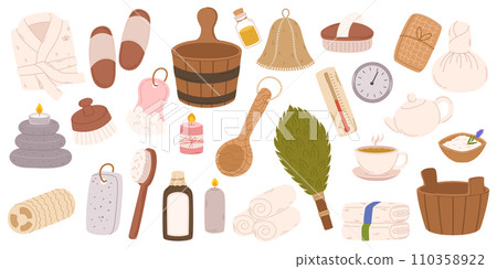Spa Sauna Items Collection Featuring Plush Towels, Aromatic Essential Oils, Wooden Ladle And Pail, Robe, Oak Broom 110358922