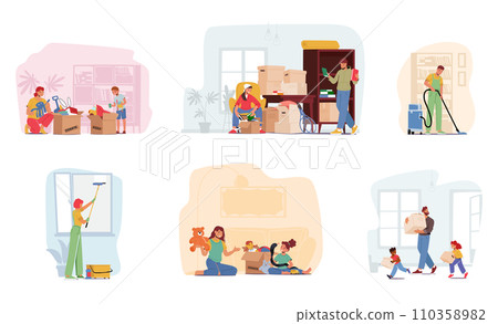 Set Characters With Boxes. Family Relocation To New Home. Father With Kids Carrying Stuff, Cleaning Service Washing 110358982