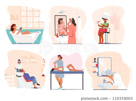 Female Character Beauty Routine Procedures. Woman Applying Makeup, Cleansing, Taking Bath, Making Hairstyle, Wash Face Female Character Beauty Routine Procedures. Woman Applying Makeup, Cleansing, Taking Bath, Making Hairstyle, Wash Face 110359003