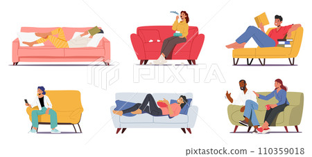 Set Of Male And Female Characters On Their Couches. People Reading And Sleeping With Books, Woman Sneezing 110359018