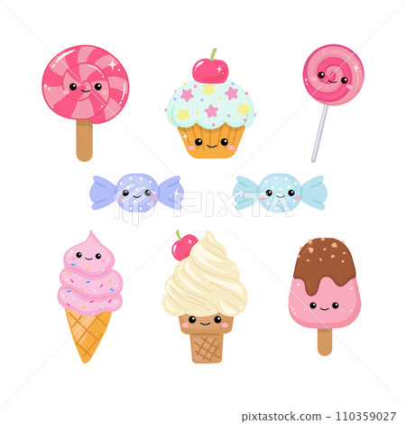 Cute dessert with ice cream, cupcake, and candy collection clipart Cute dessert with ice cream, cupcake, and candy collection clipart 110359027