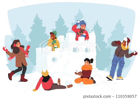 Giggling Kids Engage In Epic Snowball Fights At Snowy Fortress, Crafting Icy Barricades, Creating A Winter Battlefield Giggling Kids Engage In Epic Snowball Fights At Snowy Fortress, Crafting Icy Barricades, Creating A Winter Battlefield 110359057