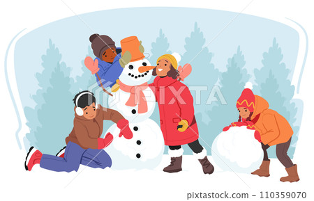 Kids Winter Spare Time Recreation, Little Children Character Having Outdoors Fun, Make Snowman, Vector Illustration Kids Winter Spare Time Recreation, Little Children Character Having Outdoors Fun, Make Snowman, Vector Illustration 110359070