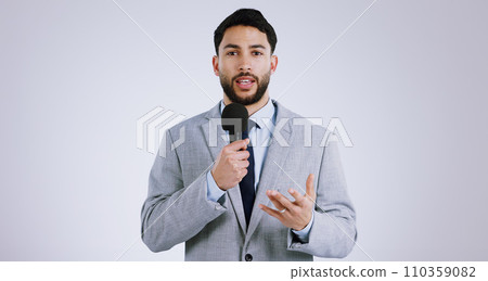 Portrait, man and reporter for news with microphone on white background for mock up with broadcast in studio. Person, journalist and talking for announcement, information or live stream in Mexico 110359082