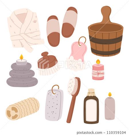 Spa Sauna Collection. Wooden Bucket, Ladle, Aromatic Oil, Robe And Slippers. Pumice, Luffa, Candle And Massage Stones Spa Sauna Collection. Wooden Bucket, Ladle, Aromatic Oil, Robe And Slippers. Pumice, Luffa, Candle And Massage Stones 110359104