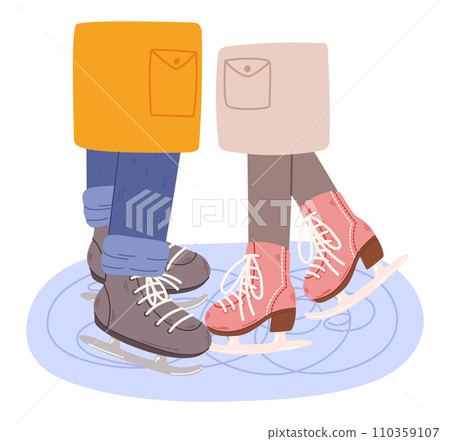 Couple Glides Gracefully On Ice Skates, Their Legs Standing on On Frozen Surface, Surrounded By A Winter Wonderland 110359107