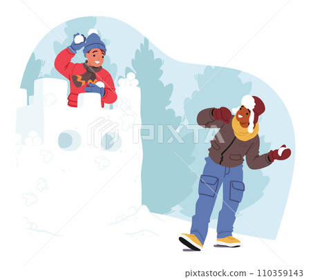 Giggling Kids Engage In Epic Snowball Fights, Crafting Snowy Fortress With Glee. Laughter Echoes Amid Flying Snow 110359143