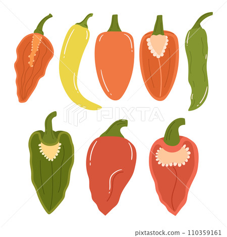 Vibrant Array Of Peppers Sorted In A Collection, Boasting A Spectrum Of Colors From Fiery Reds To Cool Greens Vibrant Array Of Peppers Sorted In A Collection, Boasting A Spectrum Of Colors From Fiery Reds To Cool Greens 110359161