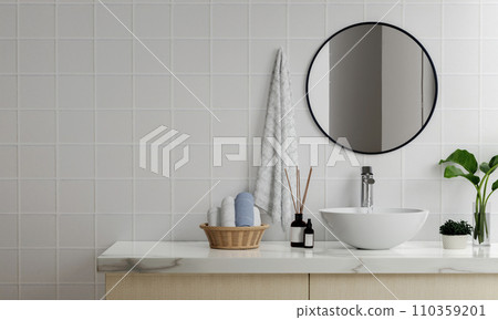 3D render an empty counter with ceramic washbasin and modern style faucet in a bathroom. Blank space for products display mockup. Background, Wall tiles. 110359201