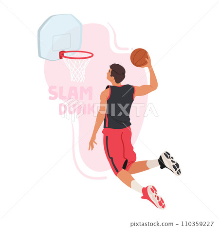 Towering Basketball Player Male Character Soars Through The Air, Muscles Flexed, As He Executes A Powerful Slam Dunk Towering Basketball Player Male Character Soars Through The Air, Muscles Flexed, As He Executes A Powerful Slam Dunk 110359227