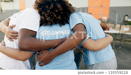 Community, charity and a volunteer group in a huddle together for teamwork, unity or solidarity. Recycle, team building and sustainability with ngo people hugging in support of an earth day project Community, charity and a volunteer group in a huddle together for teamwork, unity or solidarity. Recycle, team building and sustainability with ngo people hugging in support of an earth day project 110359228