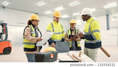 Engineering meeting, people teamwork and laptop for blueprint, online construction and design in warehouse. Industrial manager on computer, floor plan documents and project management of architecture 110359232