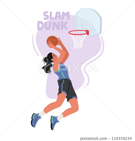 Powerful Female Basketball Player Character Soars Through The Air, Executing A Flawless Slam Dunk, Vector 110359234