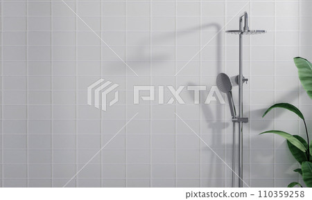 3D render modern design rain shower system faucet on empty white clean marble wall in a bathroom with tropical plants, morning sunlight, beautiful blind curtains shadow. Space, Mock up, Background. 110359258