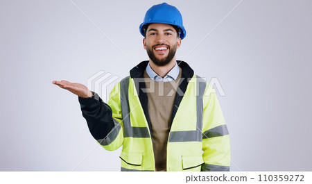 Happy man, portrait and architect with palm for advertising or marketing against a gray studio background. Male person, contractor or engineer smile with hand out for deal or service in construction 110359272